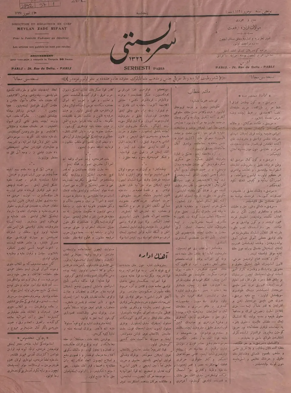 Serbesti, no-156-1, s. 1, Paris, 16 Temmuz 1325